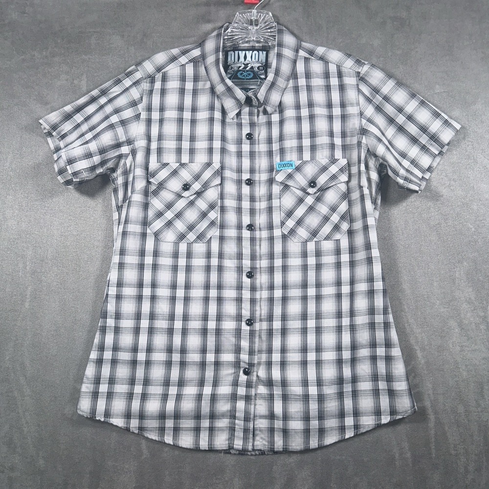 Dixxon Flannel Gray Black Plaid Shirt "Vagabond" Pearl Snap Button Down M Womans